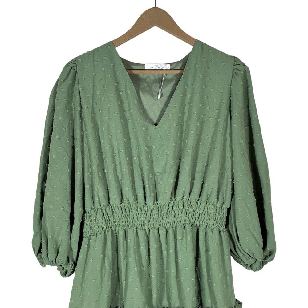 Marie Nicole Swiss Dot Tiered Ruffle Dress Sage Green Boho Smocked Size L - Picture 2 of 6